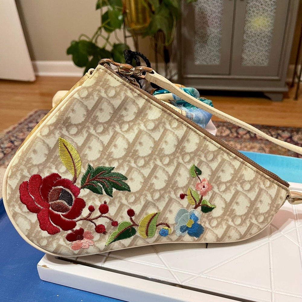 Dior Tan Oblique Logo Canvas Embroidered Mini Saddle Bag